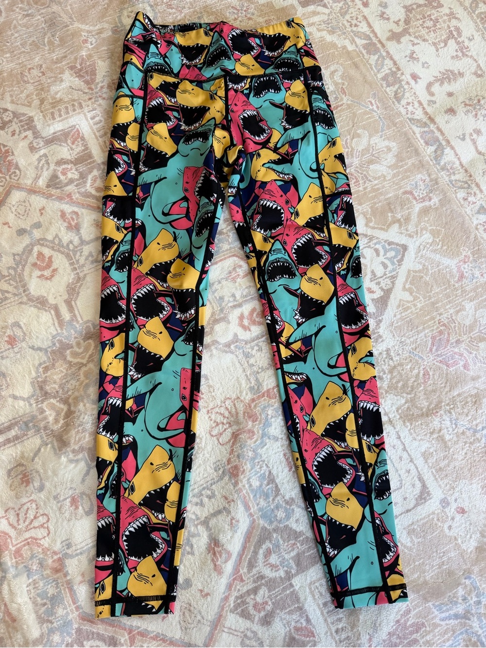 XS Constantly Varied Gear women’s Shark Leggings in Yellow, Pink & Teal CVG